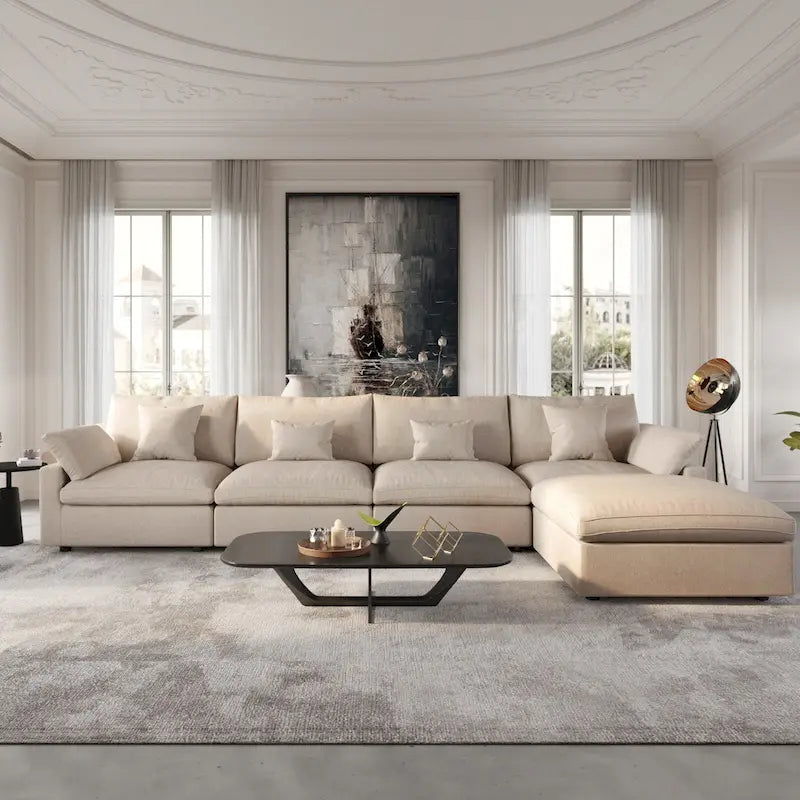 Sofá Seccional Modular de Lino Khaki con Otomana – 2/3/4 Asientos