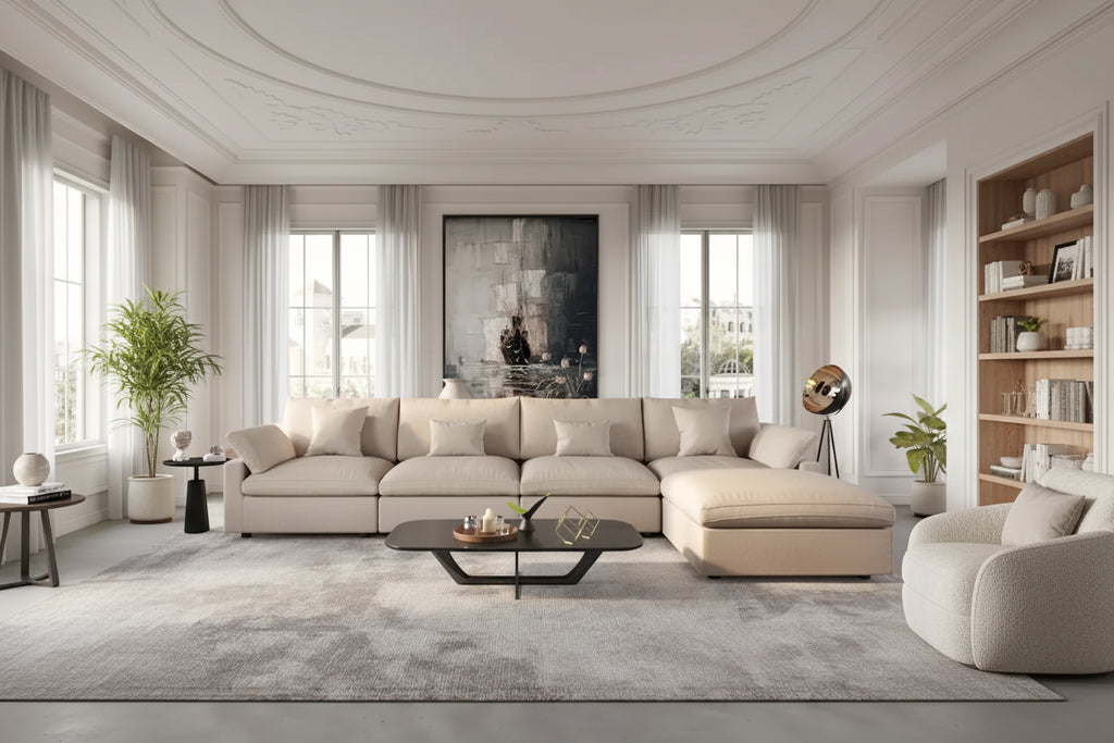 Modular Sectional Sofa Cloud Couch with Ottoman, L Shaped Linen Blend Fabric Minimalist Sectional Sofa for Living Room, Khaki