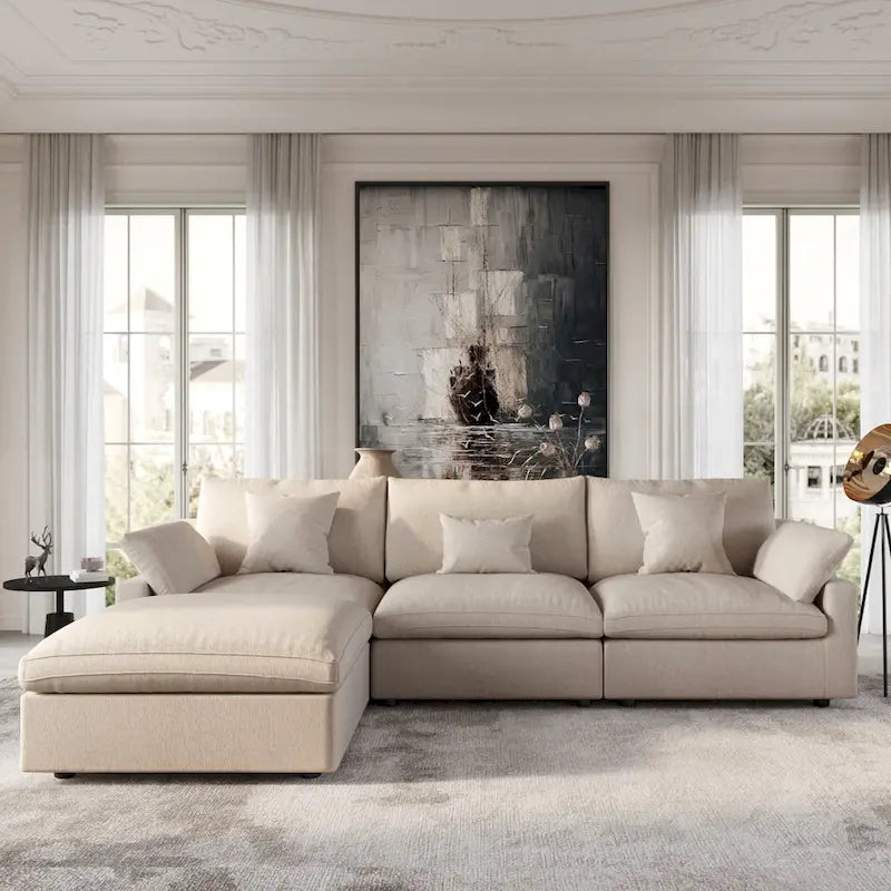 Sofá Seccional Modular de Lino Khaki con Otomana – 2/3/4 Asientos