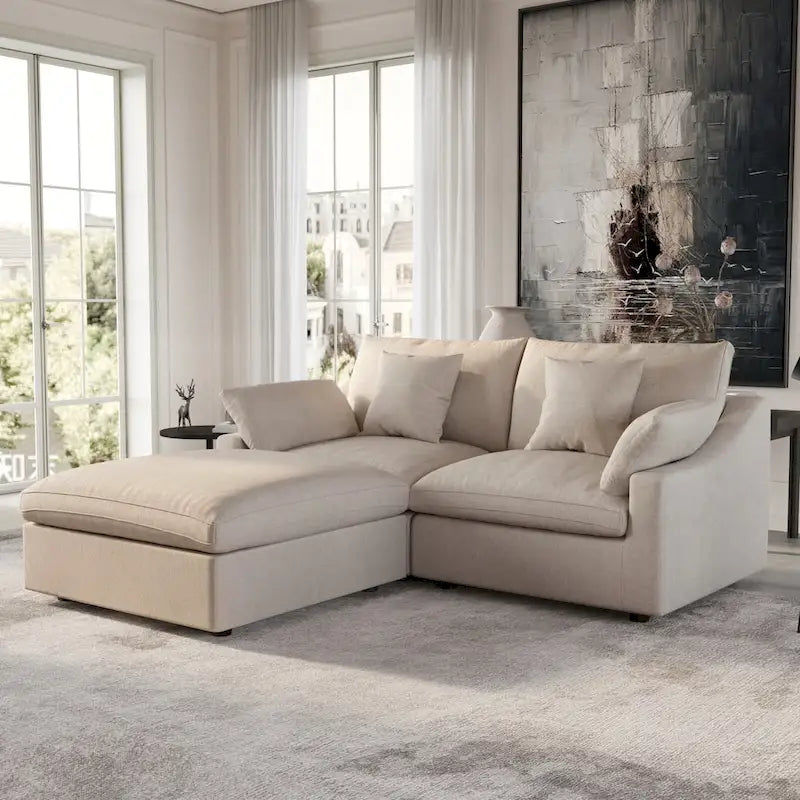Sofá Seccional Modular de Lino Khaki con Otomana – 2/3/4 Asientos