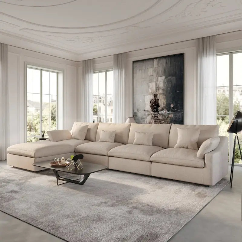 Sofá Seccional Modular de Lino Khaki con Otomana – 2/3/4 Asientos