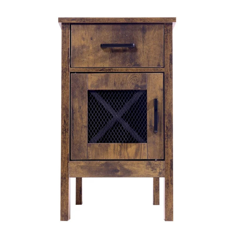 Mesa auxiliar rústica de madera natural con cajón y regleta, 1 pieza