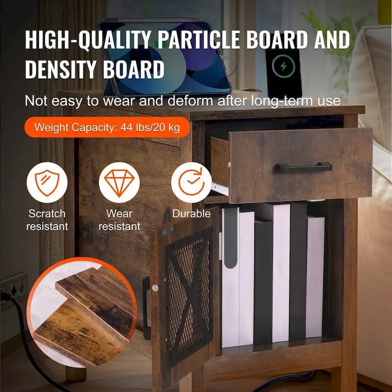 Mesa auxiliar rústica de madera natural con cajón y regleta, 1 pieza