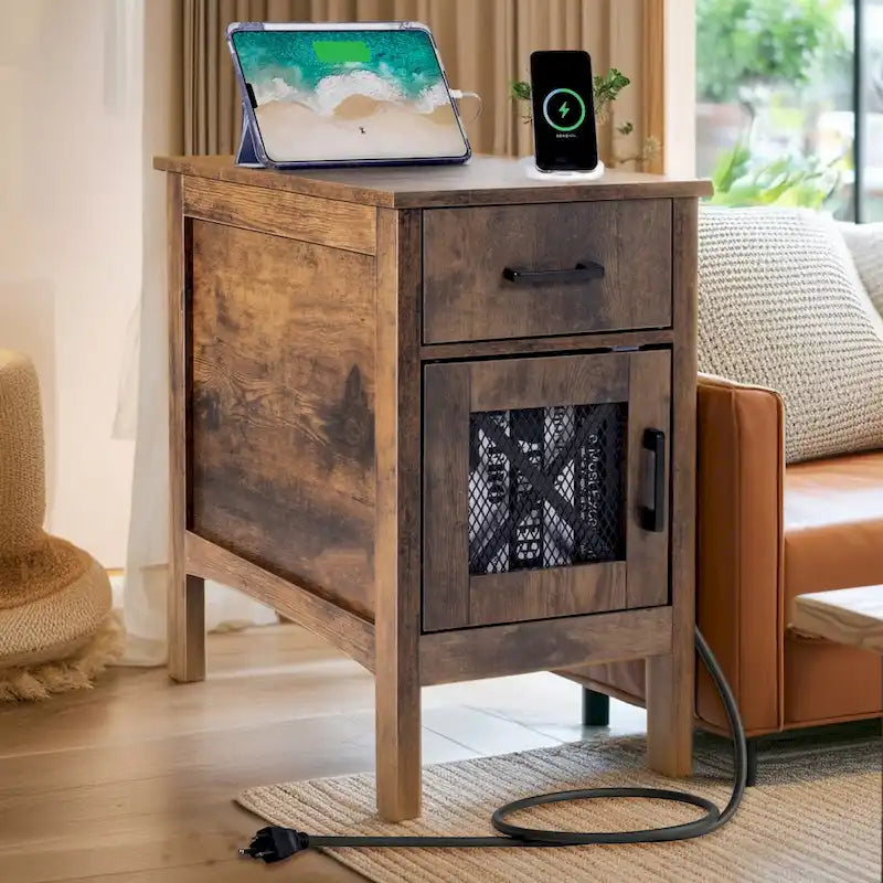 Mesa auxiliar rústica de madera natural con cajón y regleta, 1 pieza