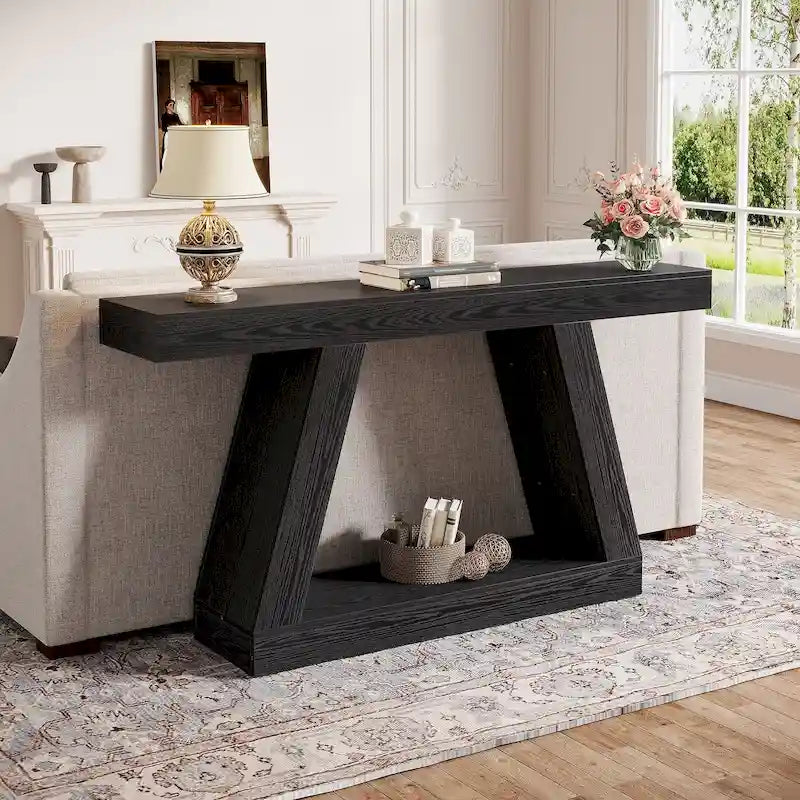 Mesa consola de 2 niveles de 140 cm, acabado de vetas de madera, marrón / gris / negro / marrón natural