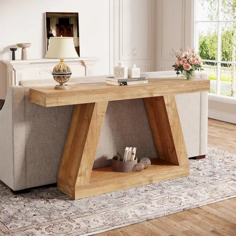 Mesa consola de 2 niveles de 140 cm, acabado de vetas de madera, marrón / gris / negro / marrón natural