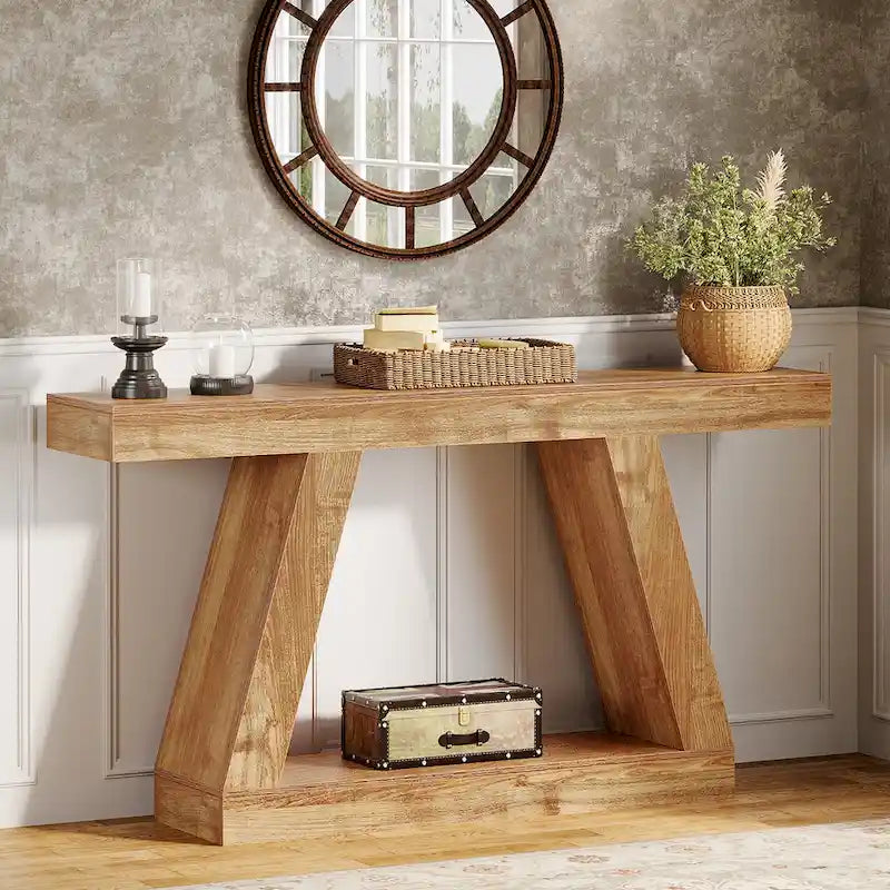 Mesa consola de 2 niveles de 140 cm, acabado de vetas de madera, marrón / gris / negro / marrón natural