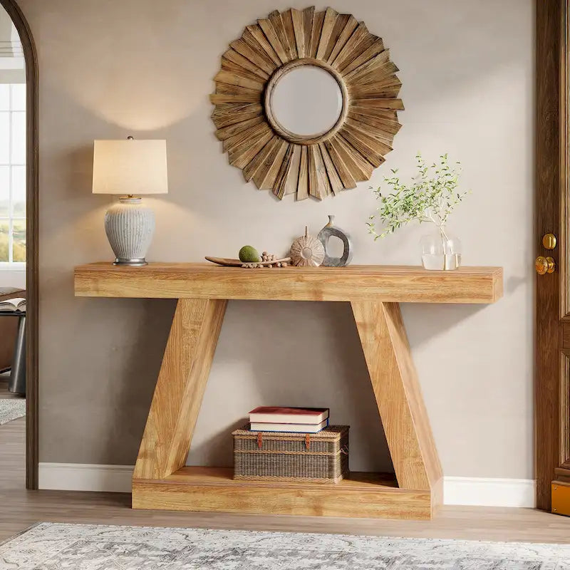 Mesa consola de 2 niveles de 140 cm, acabado de vetas de madera, marrón / gris / negro / marrón natural