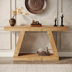 Mesa consola de 2 niveles de 140 cm, acabado de vetas de madera, marrón / gris / negro / marrón natural