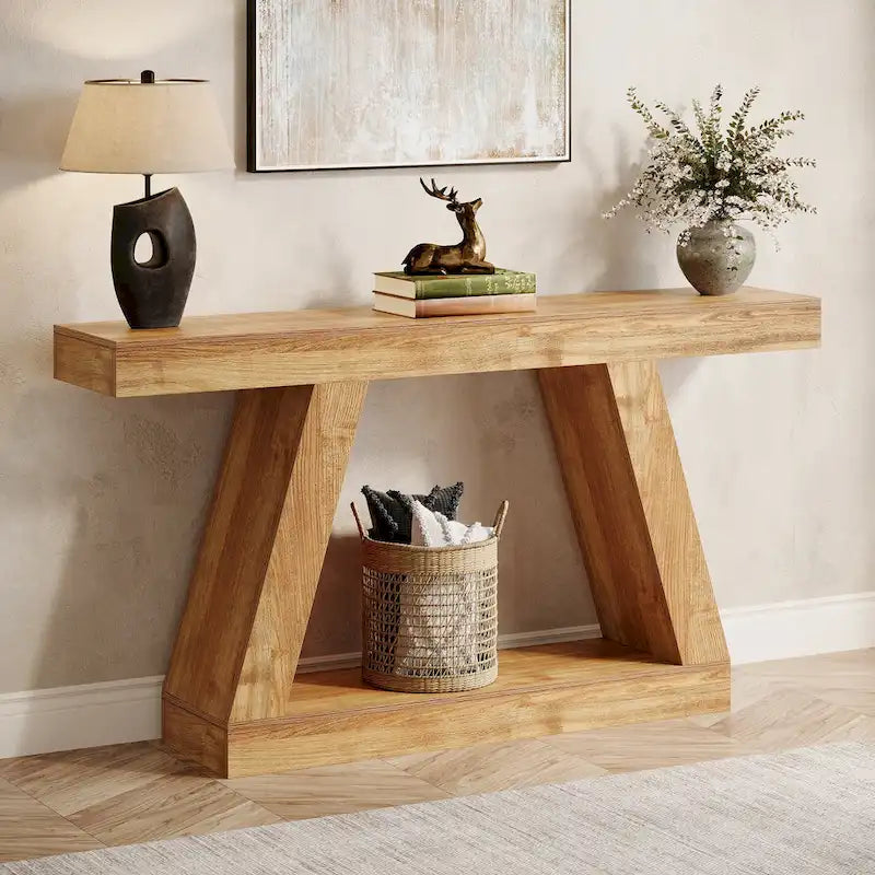 Mesa consola de 2 niveles de 140 cm, acabado de vetas de madera, marrón / gris / negro / marrón natural