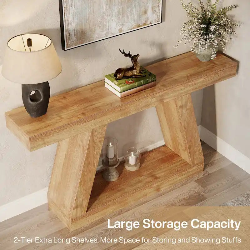 Mesa consola de 2 niveles de 140 cm, acabado de vetas de madera, marrón / gris / negro / marrón natural
