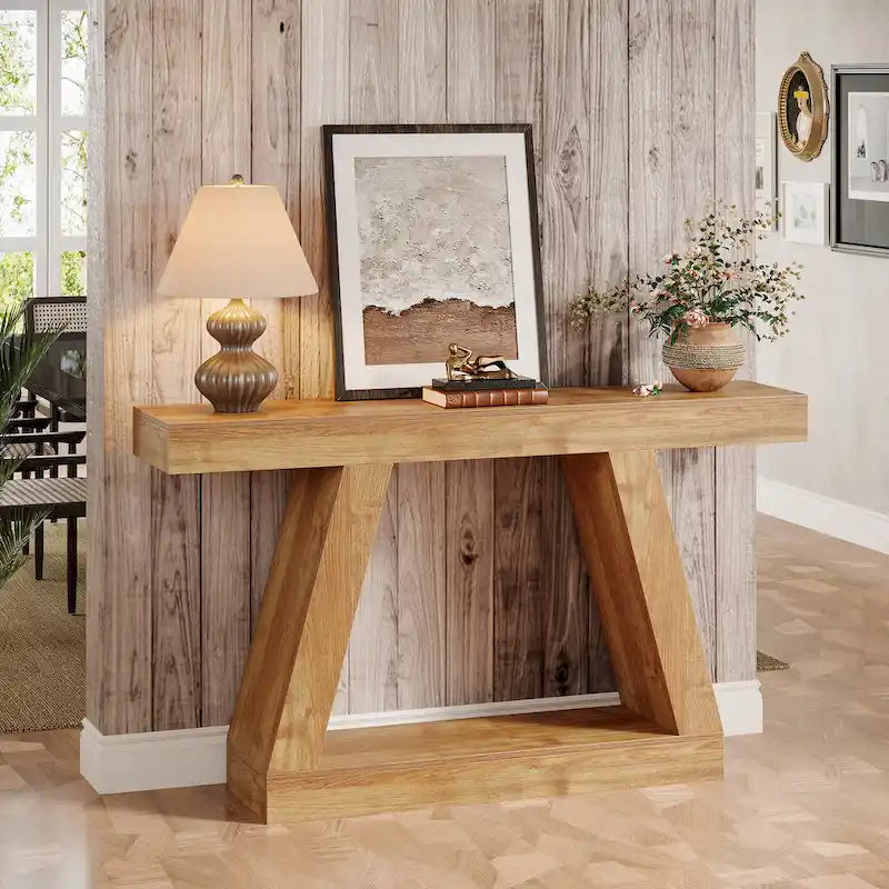 Mesa consola de 2 niveles de 140 cm, acabado de vetas de madera, marrón / gris / negro / marrón natural