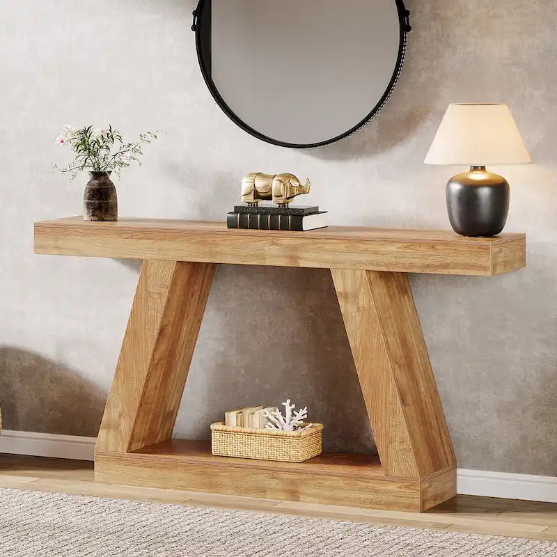 Mesa consola de 2 niveles de 140 cm, acabado de vetas de madera, marrón / gris / negro / marrón natural
