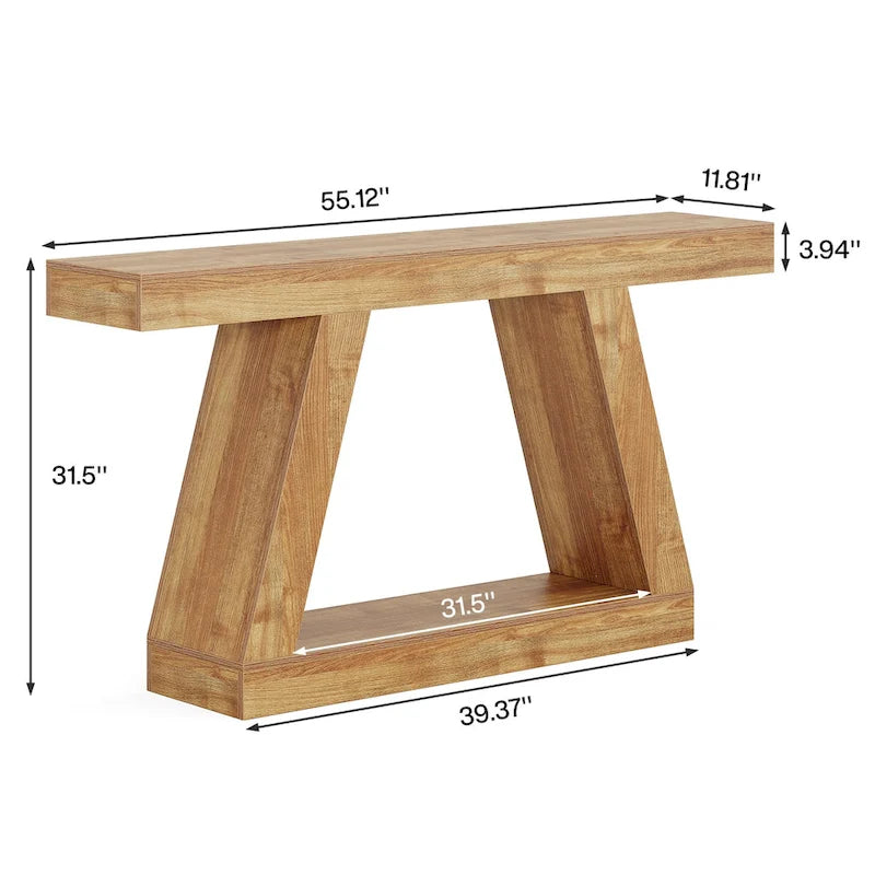 Mesa consola de 2 niveles de 140 cm, acabado de vetas de madera, marrón / gris / negro / marrón natural