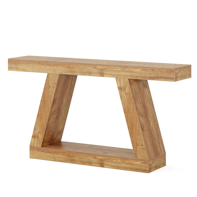 Mesa consola de 2 niveles de 140 cm, acabado de vetas de madera, marrón / gris / negro / marrón natural