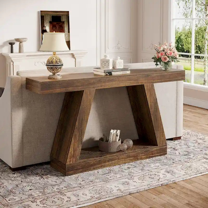 Mesa consola de 2 niveles de 140 cm, acabado de vetas de madera, marrón / gris / negro / marrón natural