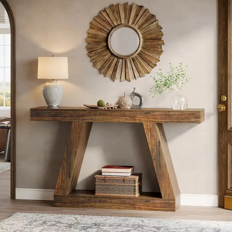 Mesa consola de 2 niveles de 140 cm, acabado de vetas de madera, marrón / gris / negro / marrón natural