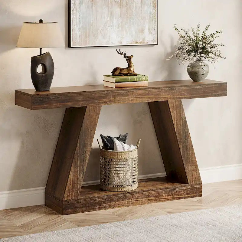 Mesa consola de 2 niveles de 140 cm, acabado de vetas de madera, marrón / gris / negro / marrón natural
