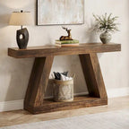 Mesa consola de 2 niveles de 140 cm, acabado de vetas de madera, marrón / gris / negro / marrón natural