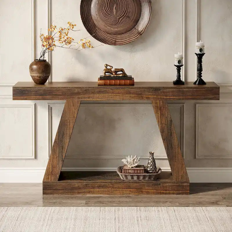 Mesa consola de 2 niveles de 140 cm, acabado de vetas de madera, marrón / gris / negro / marrón natural
