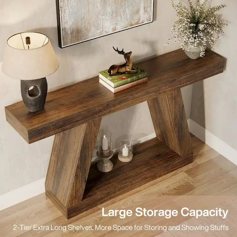 Mesa consola de 2 niveles de 140 cm, acabado de vetas de madera, marrón / gris / negro / marrón natural