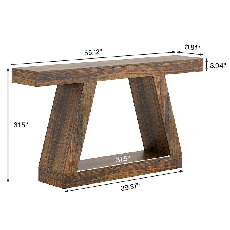 Mesa consola de 2 niveles de 140 cm, acabado de vetas de madera, marrón / gris / negro / marrón natural