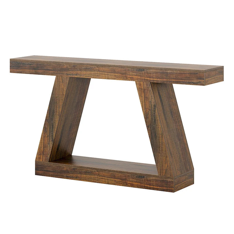 Mesa consola de 2 niveles de 140 cm, acabado de vetas de madera, marrón / gris / negro / marrón natural