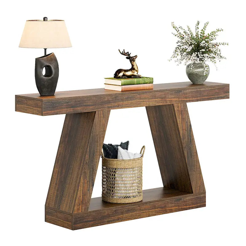 Mesa consola de 2 niveles de 140 cm, acabado de vetas de madera, marrón / gris / negro / marrón natural