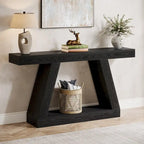 Mesa consola de 2 niveles de 140 cm, acabado de vetas de madera, marrón / gris / negro / marrón natural