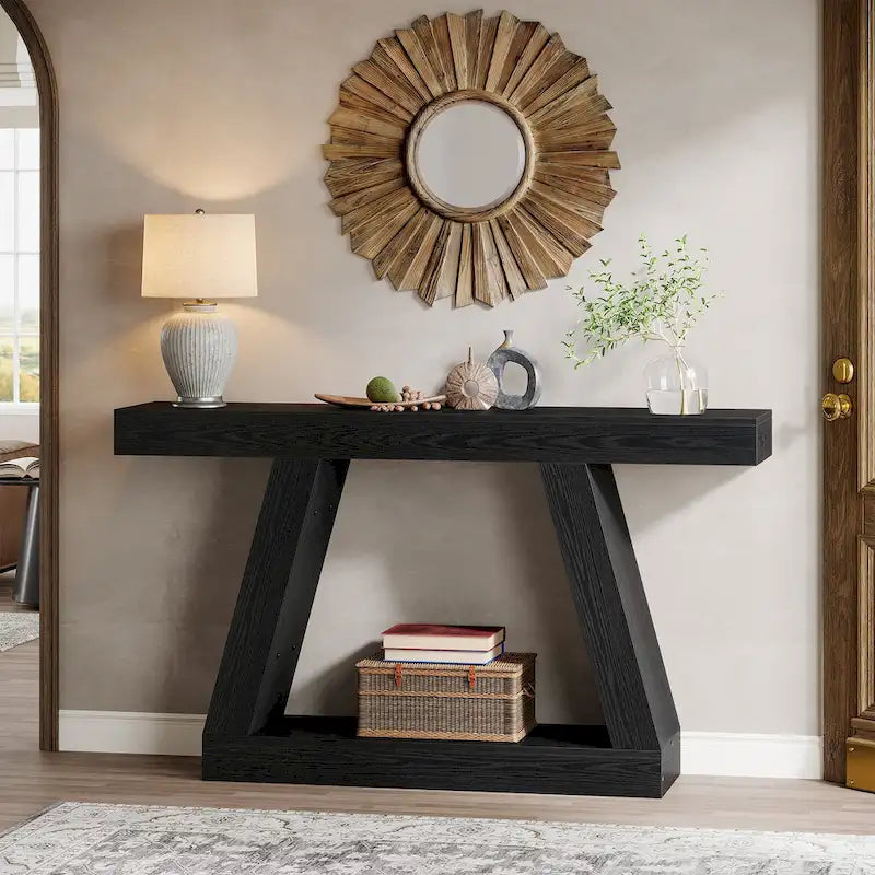 Mesa consola de 2 niveles de 140 cm, acabado de vetas de madera, marrón / gris / negro / marrón natural