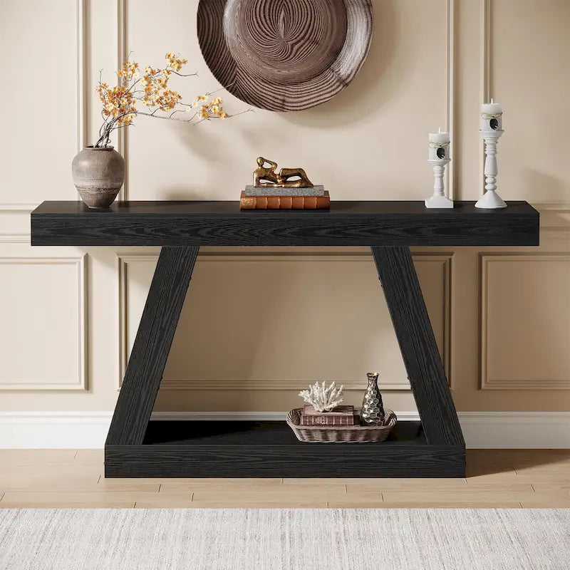 Mesa consola de 2 niveles de 140 cm, acabado de vetas de madera, marrón / gris / negro / marrón natural