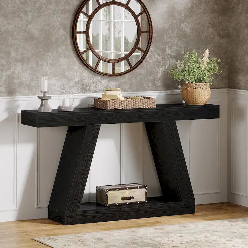 Mesa consola de 2 niveles de 140 cm, acabado de vetas de madera, marrón / gris / negro / marrón natural