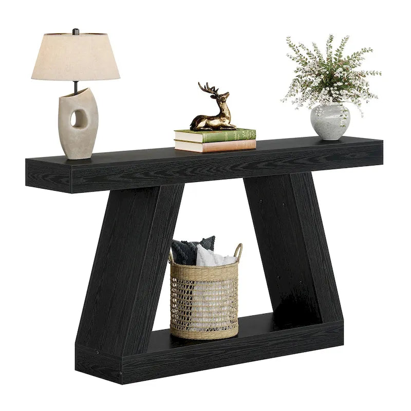 Mesa consola de 2 niveles de 140 cm, acabado de vetas de madera, marrón / gris / negro / marrón natural