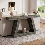 Mesa consola de 2 niveles de 140 cm, acabado de vetas de madera, marrón / gris / negro / marrón natural