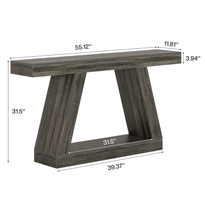 Mesa consola de 2 niveles de 140 cm, acabado de vetas de madera, marrón / gris / negro / marrón natural