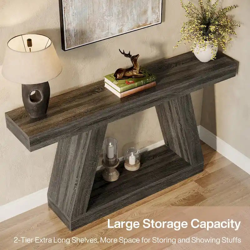 Mesa consola de 2 niveles de 140 cm, acabado de vetas de madera, marrón / gris / negro / marrón natural