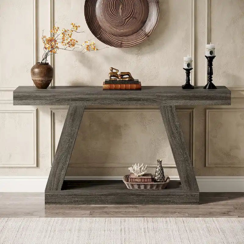 Mesa consola de 2 niveles de 140 cm, acabado de vetas de madera, marrón / gris / negro / marrón natural