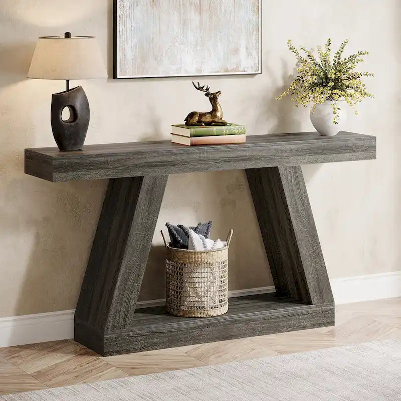 Mesa consola de 2 niveles de 140 cm, acabado de vetas de madera, marrón / gris / negro / marrón natural