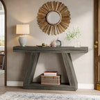 Mesa consola de 2 niveles de 140 cm, acabado de vetas de madera, marrón / gris / negro / marrón natural