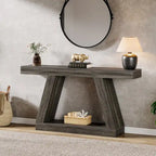 Mesa consola de 2 niveles de 140 cm, acabado de vetas de madera, marrón / gris / negro / marrón natural