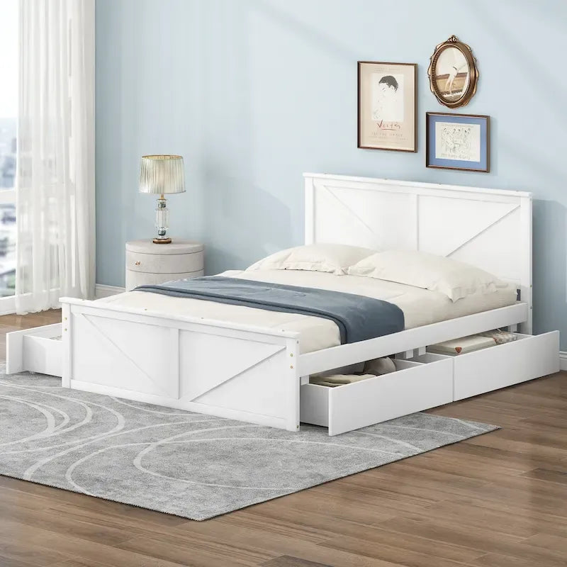 Cama Queen Antigüedad Blanca con Plataforma, 4 Cajones de Almacenamiento y Cabecera, Para 1-2