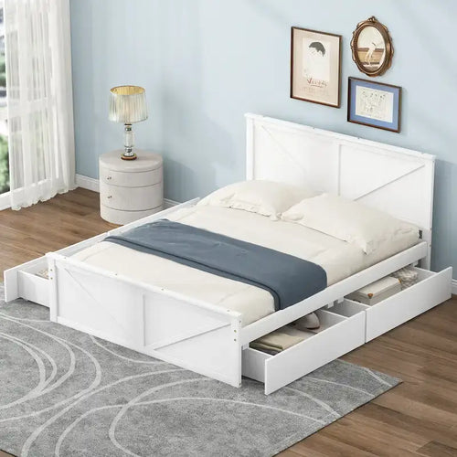 Cama Queen Antigüedad Blanca con Plataforma, 4 Cajones de Almacenamiento y Cabecera, Para 1-2