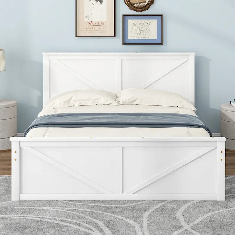 Cama Queen Antigüedad Blanca con Plataforma, 4 Cajones de Almacenamiento y Cabecera, Para 1-2