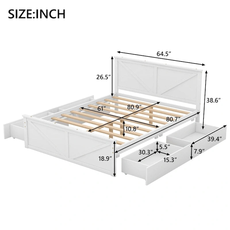 Cama Queen Antigüedad Blanca con Plataforma, 4 Cajones de Almacenamiento y Cabecera, Para 1-2