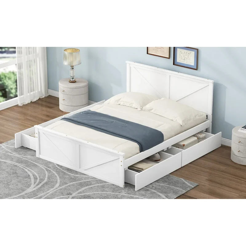 Cama Queen Antigüedad Blanca con Plataforma, 4 Cajones de Almacenamiento y Cabecera, Para 1-2