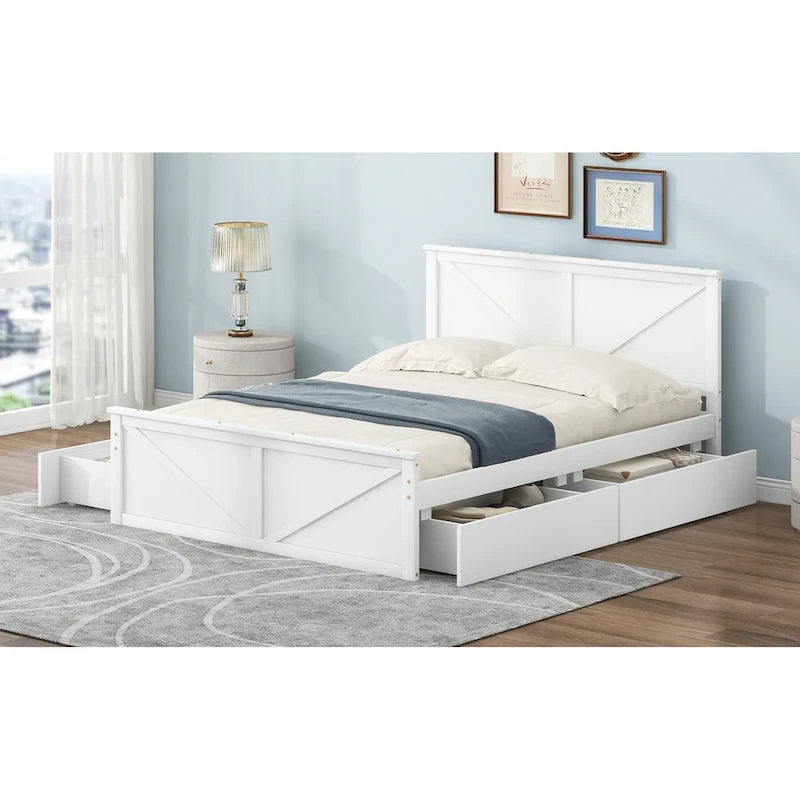 Cama Queen Antigüedad Blanca con Plataforma, 4 Cajones de Almacenamiento y Cabecera, Para 1-2