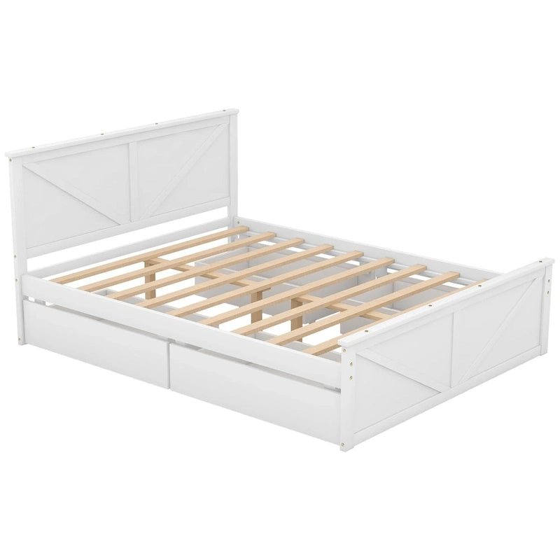 Cama Queen Antigüedad Blanca con Plataforma, 4 Cajones de Almacenamiento y Cabecera, Para 1-2