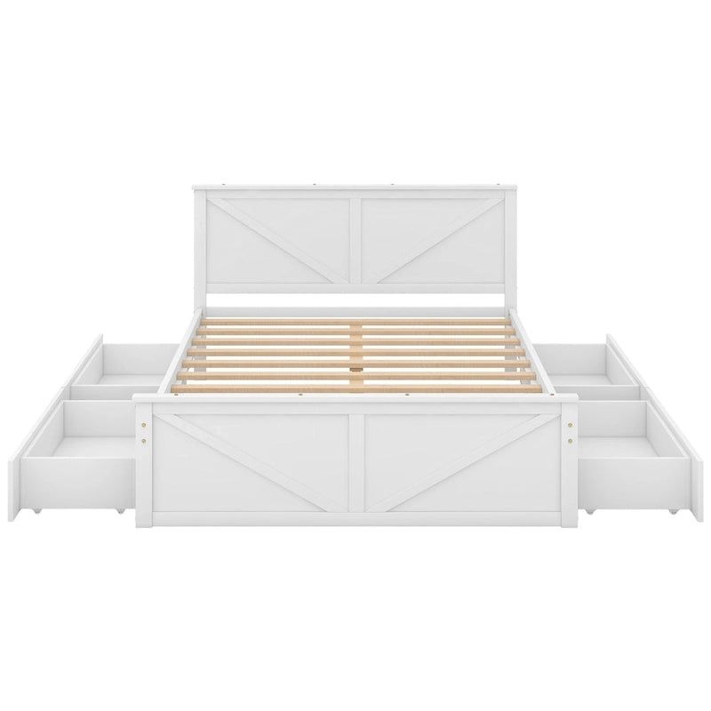 Cama Queen Antigüedad Blanca con Plataforma, 4 Cajones de Almacenamiento y Cabecera, Para 1-2