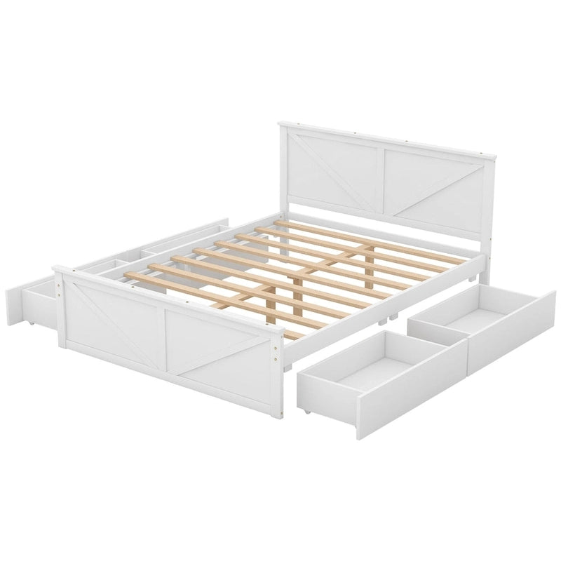 Cama Queen Antigüedad Blanca con Plataforma, 4 Cajones de Almacenamiento y Cabecera, Para 1-2