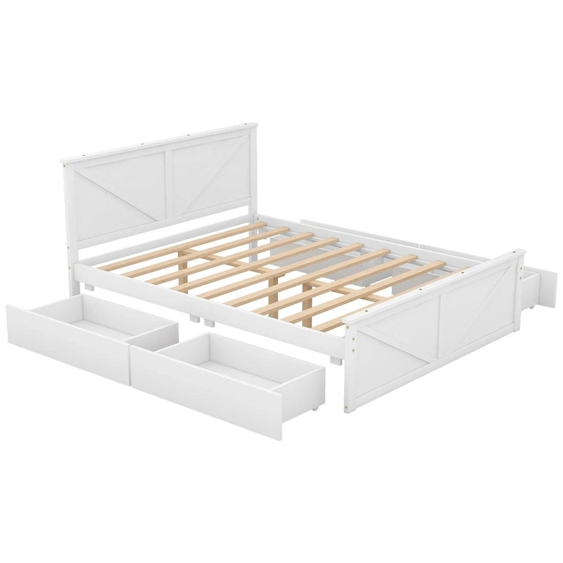 Cama Queen Antigüedad Blanca con Plataforma, 4 Cajones de Almacenamiento y Cabecera, Para 1-2